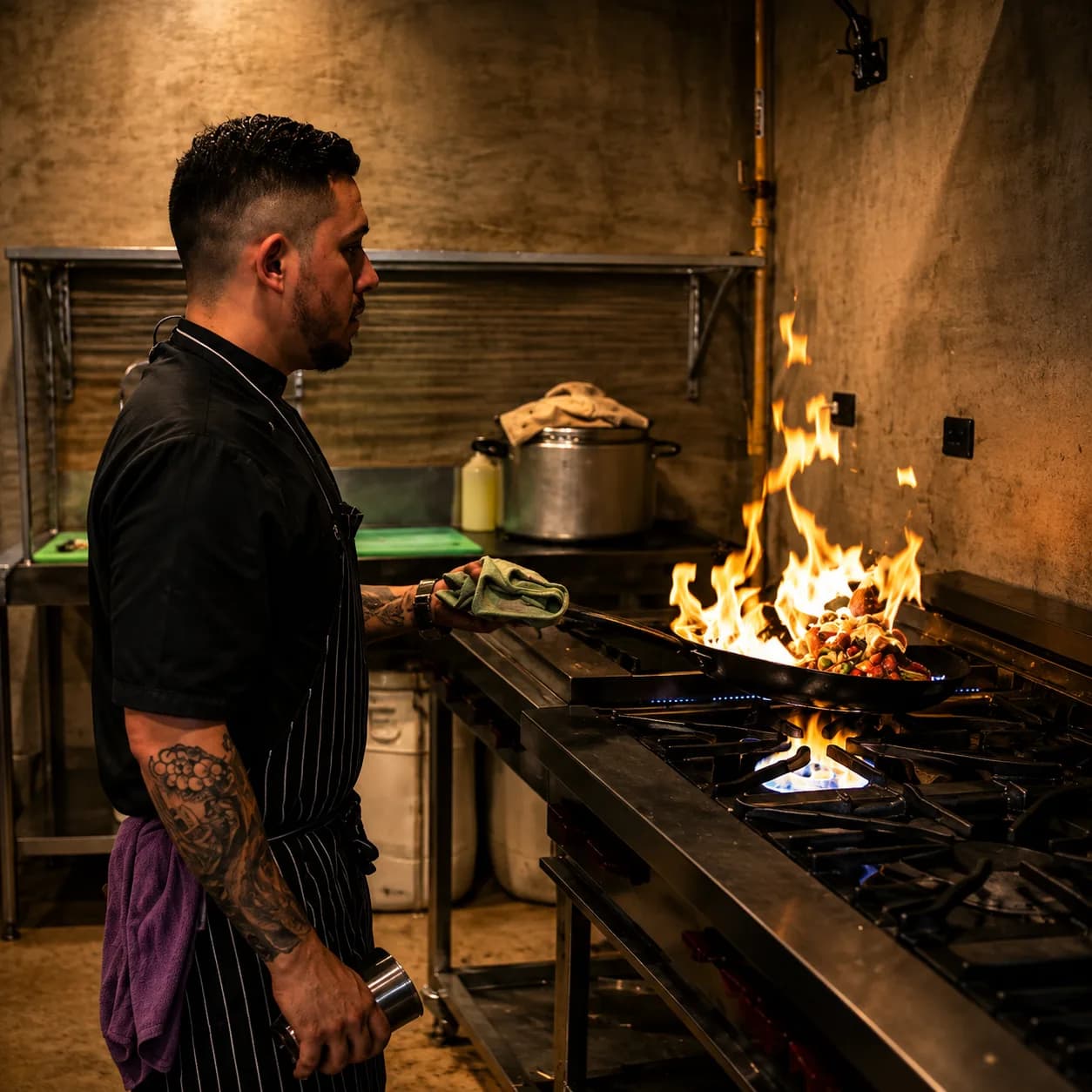 Cocinero trabajando frente a la parrilla encendida