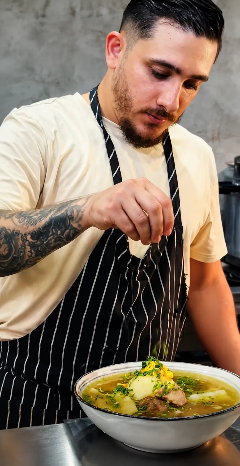 Chef terminando un plato de sopa costarricense