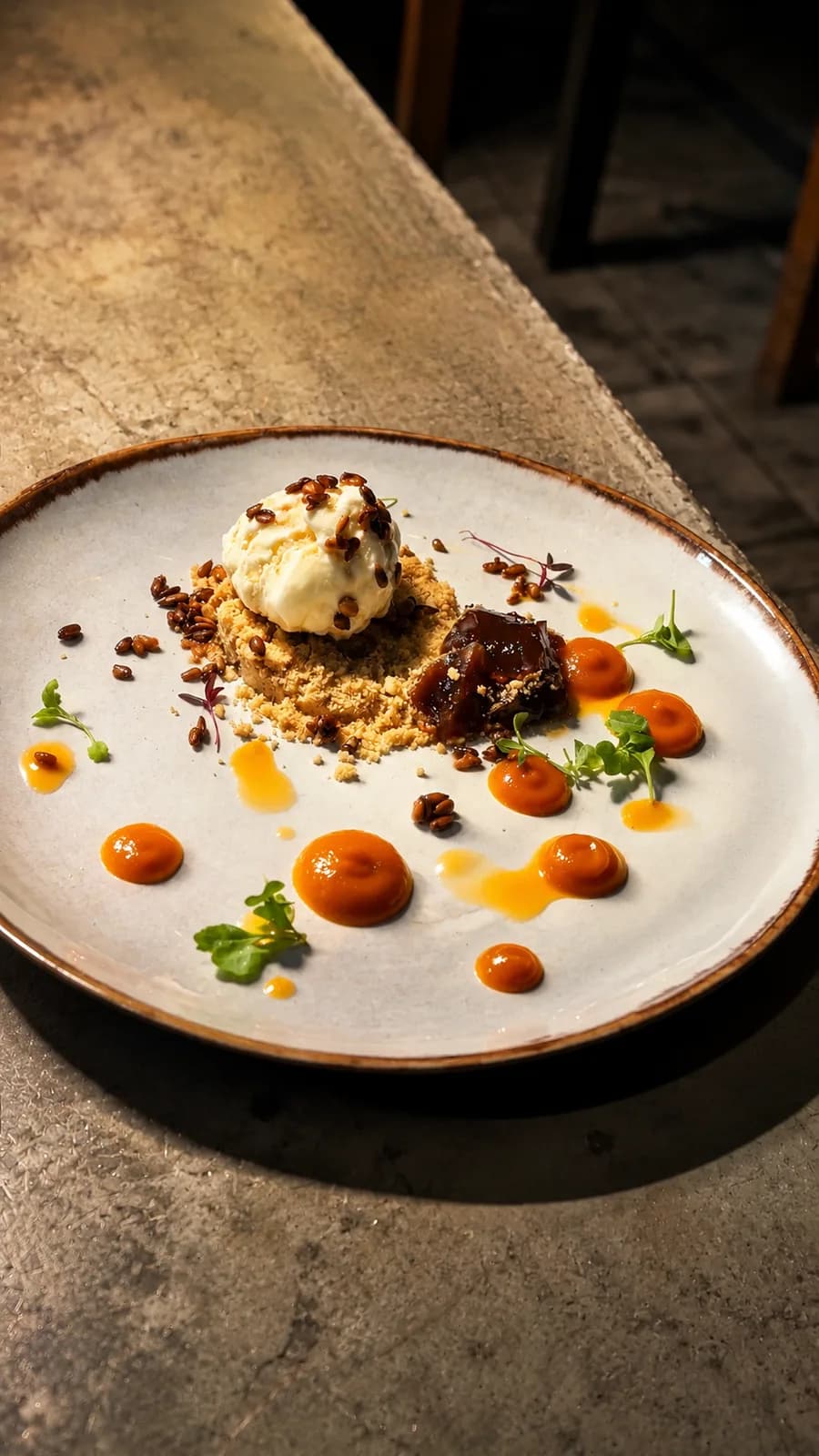 Plato de autor con salsas y guarniciones