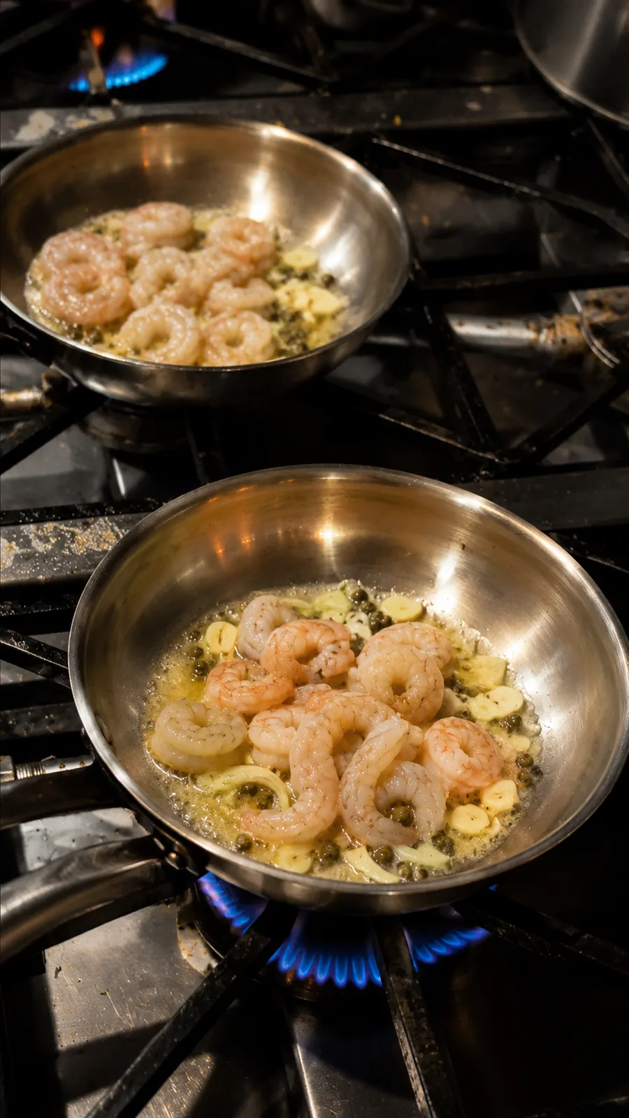 Camarones salteados en sartén sobre la hornilla