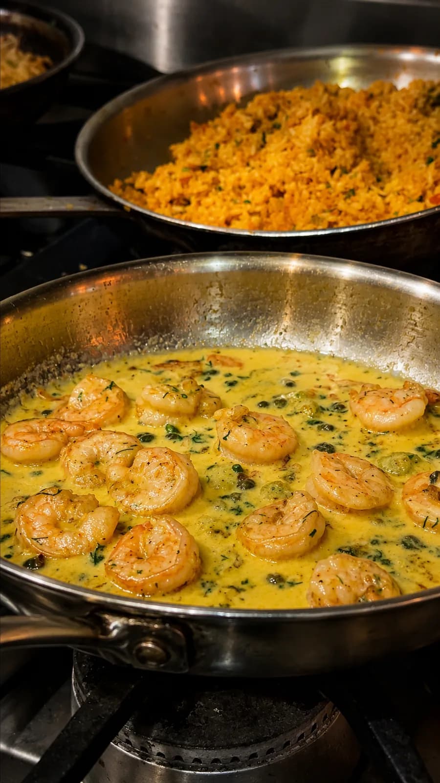 Camarones al ajillo y arroz en preparación